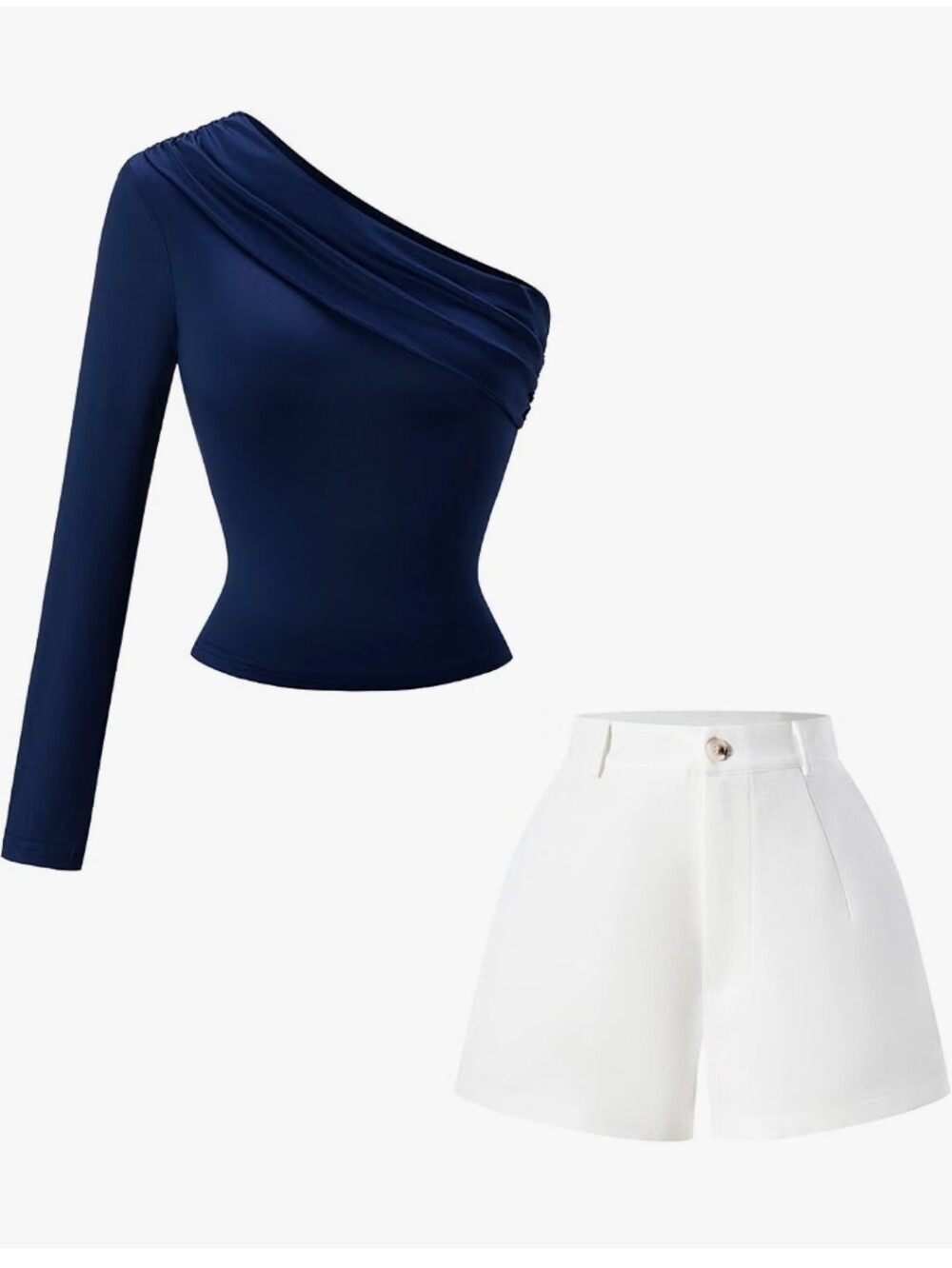 One-Shoulder Navy Knit Top with White High-Waist Shorts